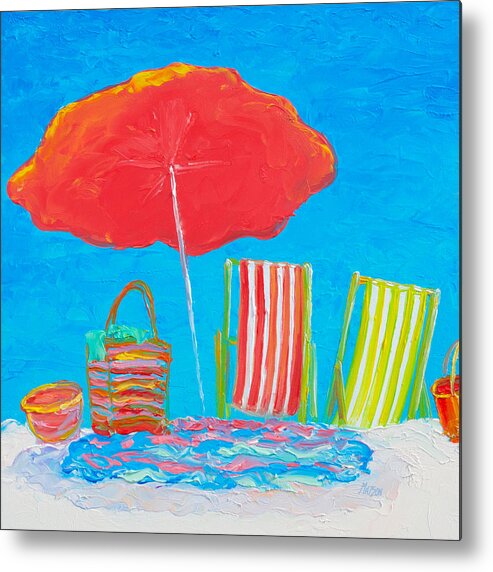 Beach Metal Print featuring the painting Beach Art - The red umbrella by Jan Matson