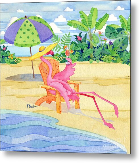 Flamingo Metal Print featuring the painting Beach Chair Flamingo by Paul Brent