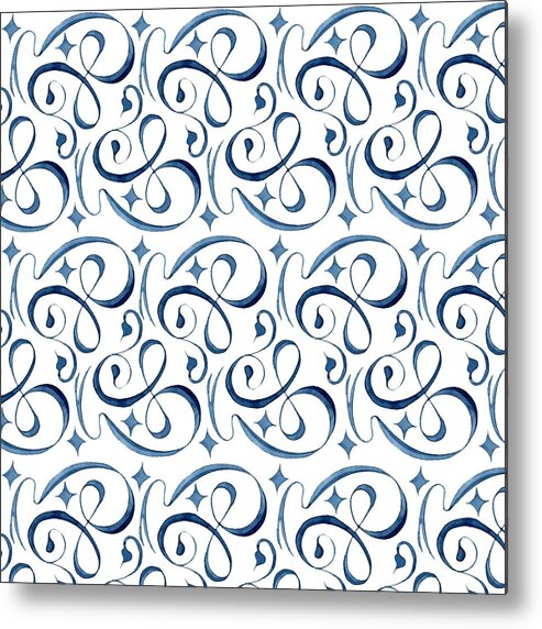 Indigo Blue Metal Print featuring the painting Beach House Indigo Star Swirl Scroll Pattern by Audrey Jeanne Roberts