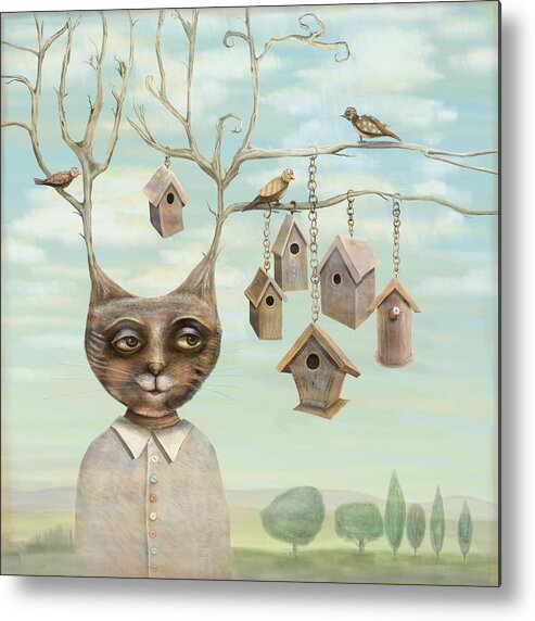 Cat Metal Print featuring the digital art Bird Houses by Catherine Swenson