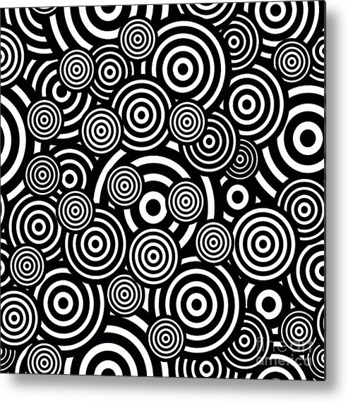 Black Metal Print featuring the painting Black And White Bullseye Abstract Pattern by Saundra Myles
