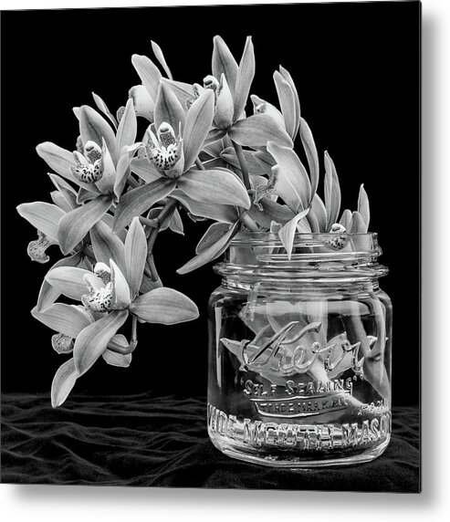 Orchid Metal Print featuring the photograph Black and White Orchid Antique Mason Jar by Kathy Anselmo