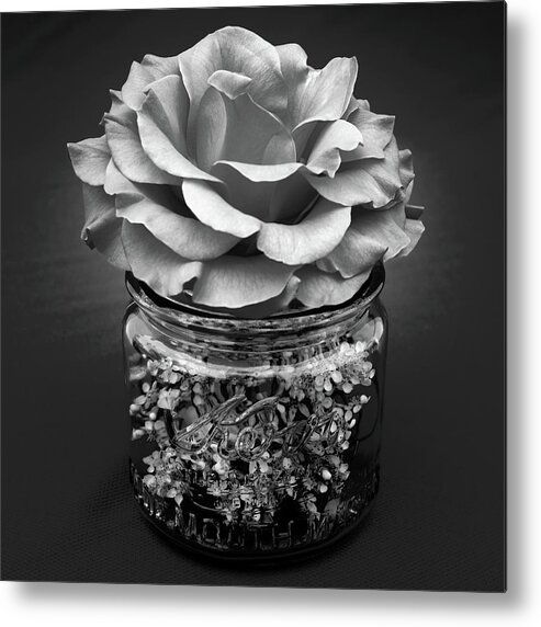 Rose Metal Print featuring the photograph Black and White Rose Antique Mason Jar 2 by Kathy Anselmo