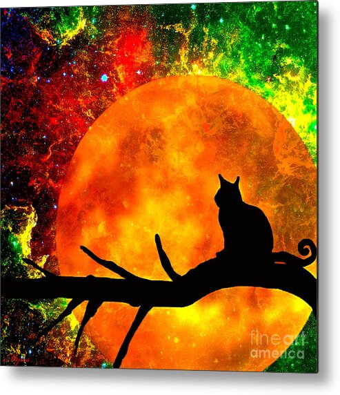 Black Metal Print featuring the painting Black Cat Harvest Moon by Saundra Myles