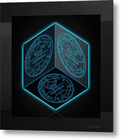 'sacred Symbols' Collection By Serge Averbukh Metal Print featuring the digital art Black Cube with Six Seals of Solomon by Serge Averbukh