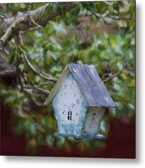 Blue Metal Print featuring the photograph Blue Birdhouse Painterly Effect by Carol Leigh