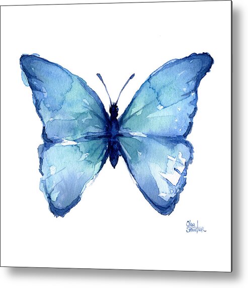 Watercolor Metal Print featuring the painting Blue Butterfly Watercolor by Olga Shvartsur
