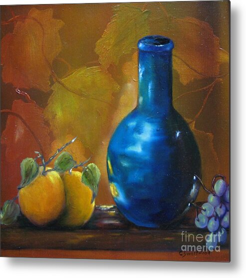 Bottle Metal Print featuring the painting Blue Jug on the Shelf by Carol Sweetwood