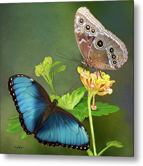 Blue Morpho Painting Metal Print featuring the digital art Blue Morpho butterflies by Thanh Thuy Nguyen