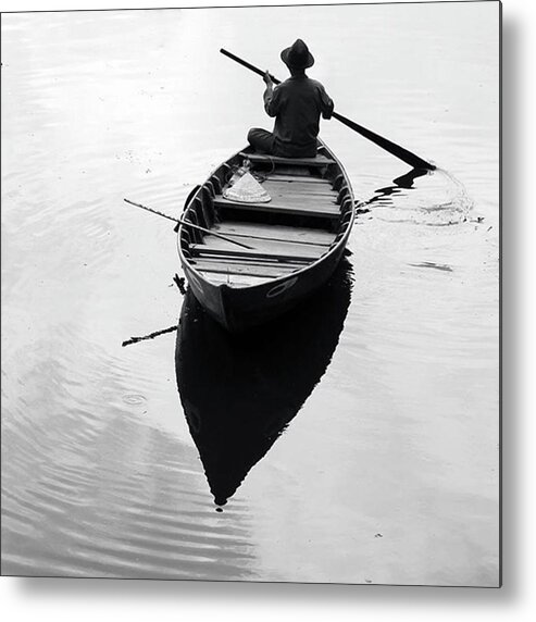 Monochromatic Metal Print featuring the photograph Boat In River In #hoian by Jesper Staunstrup