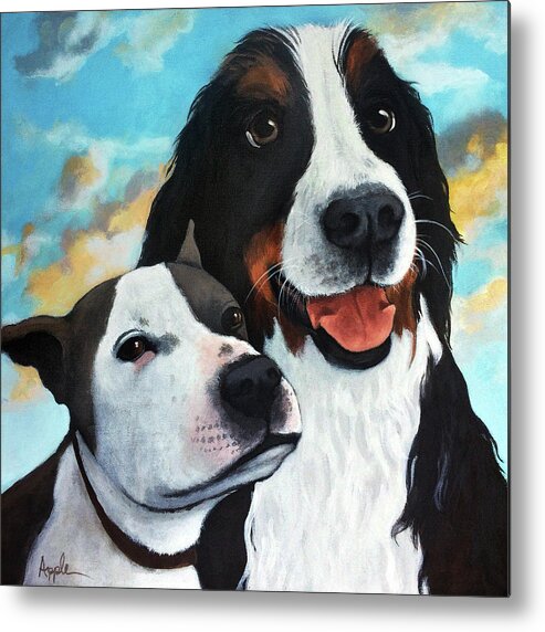 Pet Portrait Metal Print featuring the painting Bodhi and Lily pet portrait by Linda Apple