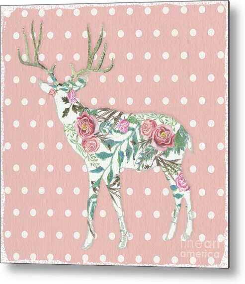 Boho Metal Print featuring the painting BOHO Deer Silhouette Rose Floral Polka Dot by Audrey Jeanne Roberts