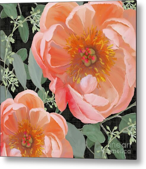 Peach Peony Metal Print featuring the painting Bold Peony Seeded Eucalyptus leaves by Audrey Jeanne Roberts
