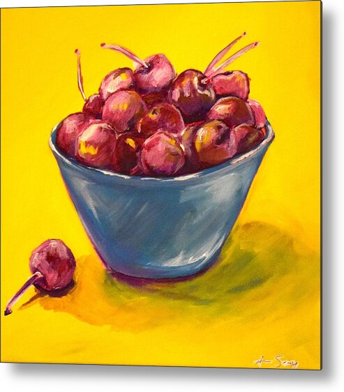 Cherry Cherries Art Artist Paint Acrylic Yellow Red Purple Wall Decor Art Decor Decoration Food Blue Yellow Kitchen Still Life White Shadow Stems Yummy Desert Fruit Seeds Pits Bowl Canvas Metal Print featuring the painting Bowl of Cherries by Anne Seay