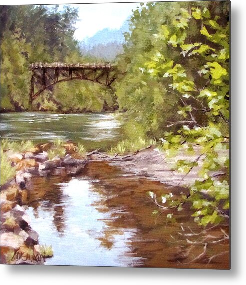 River Metal Print featuring the painting Bridge View by Karen Ilari