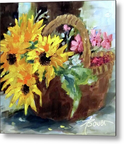 Sunflowers Metal Print featuring the painting Bringing In The Sunshine by Adele Bower