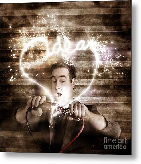 Idea Metal Print featuring the photograph Business man jump starting a neon idea light bulb by Jorgo Photography