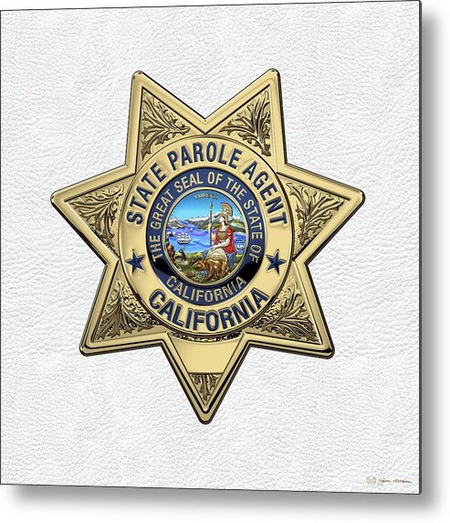'law Enforcement Insignia & Heraldry' Collection By Serge Averbukh Metal Print featuring the digital art California State Parole Agent Badge over White Leather by Serge Averbukh