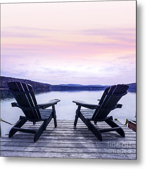 Chairs Metal Print featuring the photograph Chairs on lake dock by Elena Elisseeva