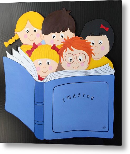Children Metal Print featuring the painting Children Reading Book by Brenda Bonfield