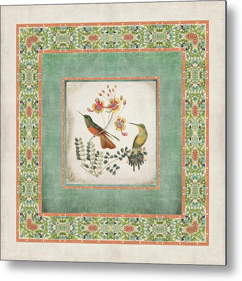 Chinese Ornamental Paper Metal Print featuring the digital art Chinoiserie Vintage Hummingbirds n Flowers 1 by Audrey Jeanne Roberts