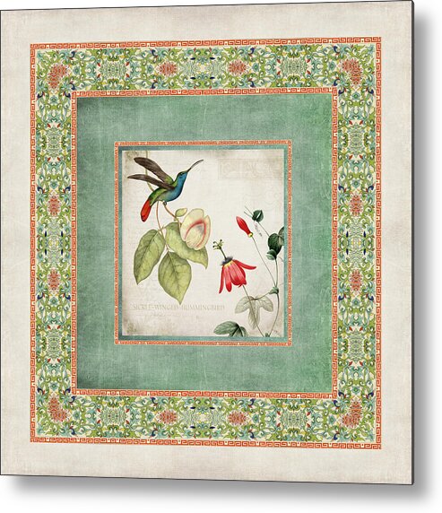 Chinese Ornamental Paper Metal Print featuring the digital art Chinoiserie Vintage Hummingbirds n Flowers 2 by Audrey Jeanne Roberts