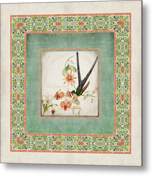 Chinese Ornamental Paper Metal Print featuring the digital art Chinoiserie Vintage Hummingbirds n Flowers 3 by Audrey Jeanne Roberts