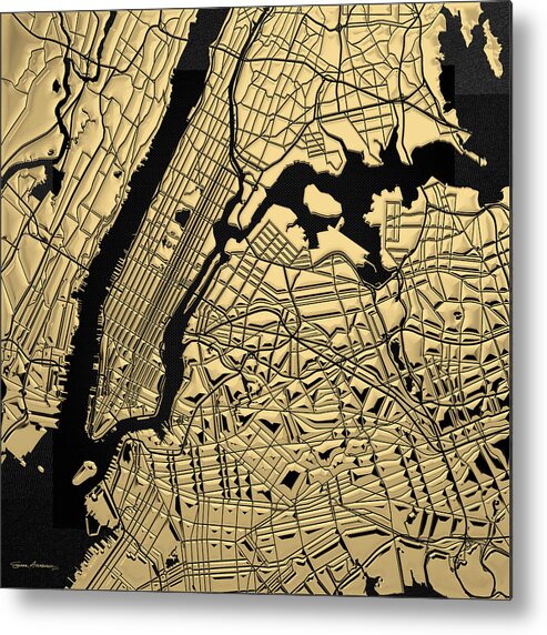 'nyc ' Collection By Serge Averbukh Metal Print featuring the digital art Cities of Gold - Golden City Map New York on Black by Serge Averbukh