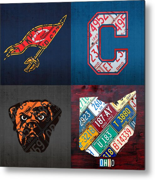 Cleveland Metal Print featuring the mixed media Cleveland Sports Fan Recycled Vintage Ohio License Plate Art Cavaliers Indians Browns and State Map by Design Turnpike