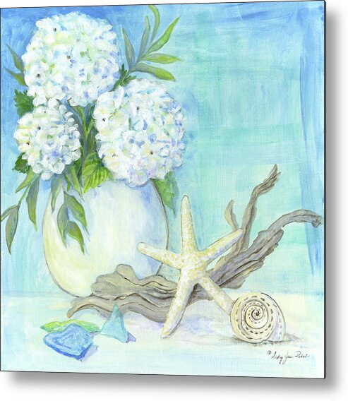 White Hydrangeas Metal Print featuring the painting Cottage at the Shore 1 White Hydrangea Bouquet w Driftwood Starfish Sea Glass and Seashell by Audrey Jeanne Roberts