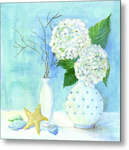 White Hydrangeas Metal Print featuring the painting Cottage at the Shore 2 White Hydrangea Bouquet w Sea Glass and Starfish by Audrey Jeanne Roberts