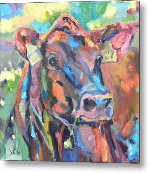 Cow Metal Print featuring the painting Cow and Clover by Donna Tuten