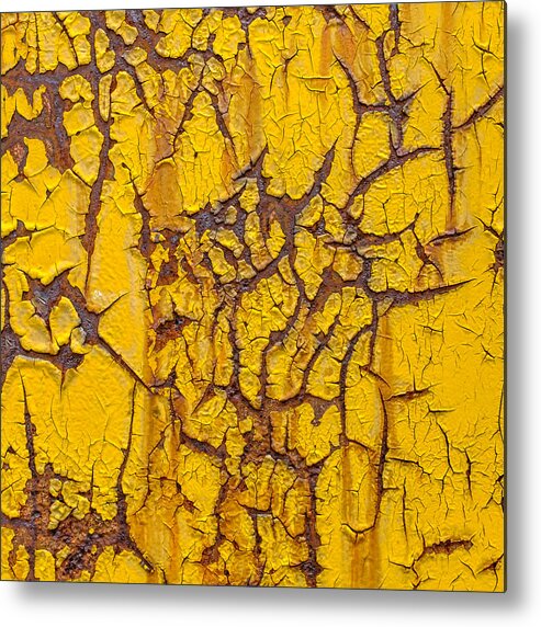 Aged Metal Print featuring the photograph Cracked Yellow Paint over Rust - Square by Chris Bordeleau