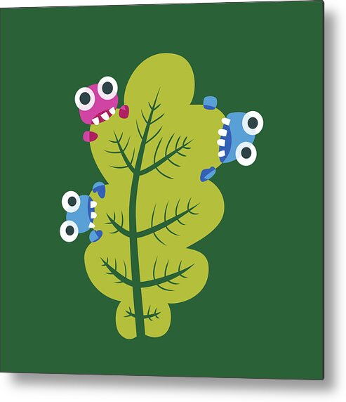 Leaf Metal Print featuring the digital art Cute Bugs Eat Green Leaf by Boriana Giormova