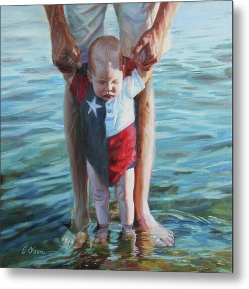 Baby. Boy Metal Print featuring the painting Daddy's Hands by Emily Olson