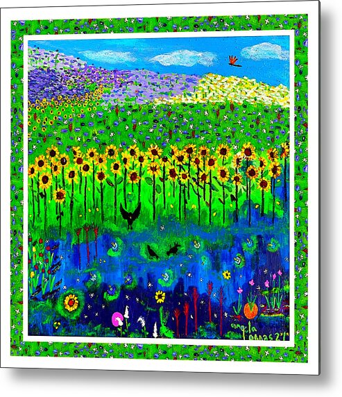 Sunflower Metal Print featuring the painting Day and Night in a Sunflower Field with Floral Border by Angela Annas