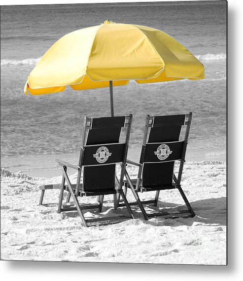 Destin Metal Print featuring the photograph Destin Florida Beach Chairs and Yellow Umbrella Square Format Color Splash Black and White by Shawn O'Brien
