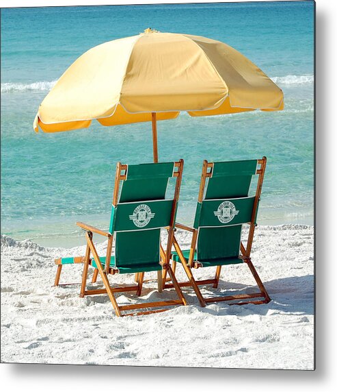 Destin Metal Print featuring the photograph Destin Florida Beach Chairs and Yellow Umbrella Square Format by Shawn O'Brien