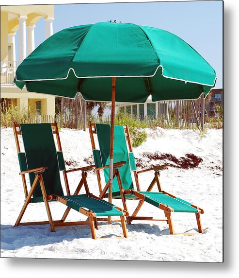 Destin Metal Print featuring the photograph Destin Florida Empty Beach Chair Pair and Green Umbrella Square Format by Shawn O'Brien