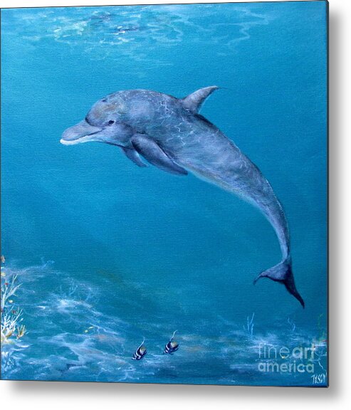 Dolphins Swimming Metal Print featuring the painting Dolphin trip-tic #3 by John Tyson