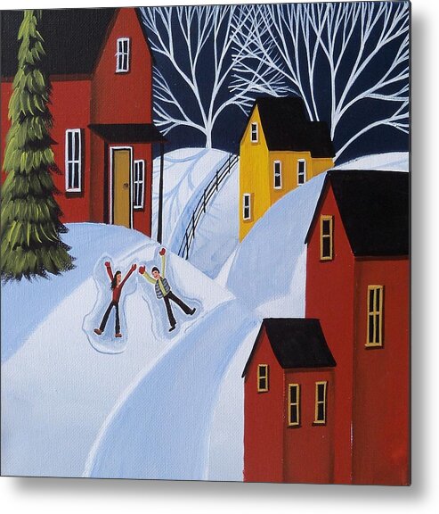 Folk Art Metal Print featuring the painting Double Snow Angels - folk art landscape winter by Debbie Criswell