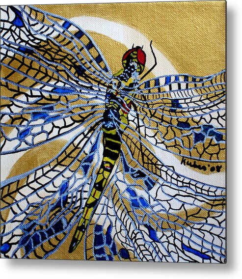 Dragonfly Metal Print featuring the painting Dragonfly on Gold Scarf by Susan Kubes