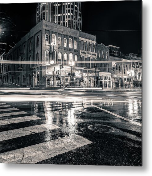 Nashville Print Metal Print featuring the photograph Driving Through the Nashville Night Skyline - Black and White by Gregory Ballos