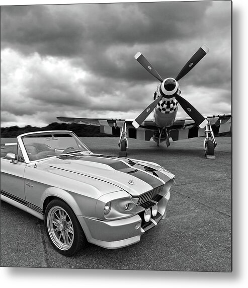 Old Ford Mustang Metal Print featuring the photograph Eleanor Mustang with P51 Black and White by Gill Billington