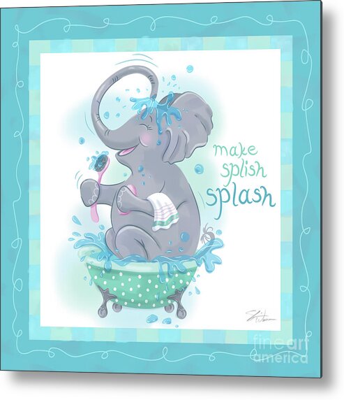 Whimsical And Fun Artwork Of Elephants Taking A Bath And Grooming. Great Art For Childrens Bathroom Wall Decor. Metal Print featuring the mixed media Elephant Bath Time Splish Splash by Shari Warren