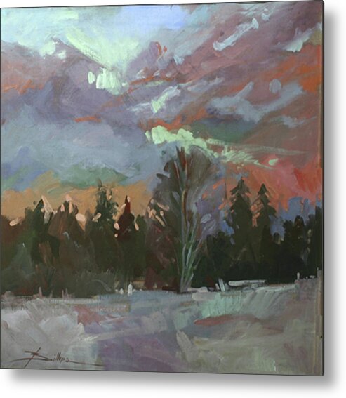 Snow Plein Air Paintings Metal Print featuring the painting Winter's Last Flame by Elizabeth - Betty Jean Billups