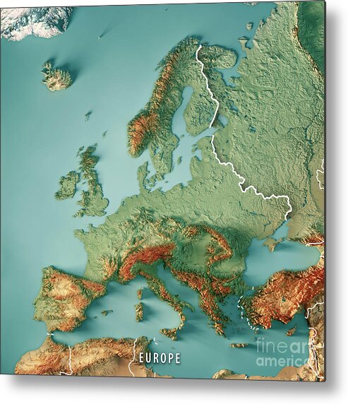 Europe Metal Print featuring the digital art Europe 3D Render Topographic Map Color Border by Frank Ramspott