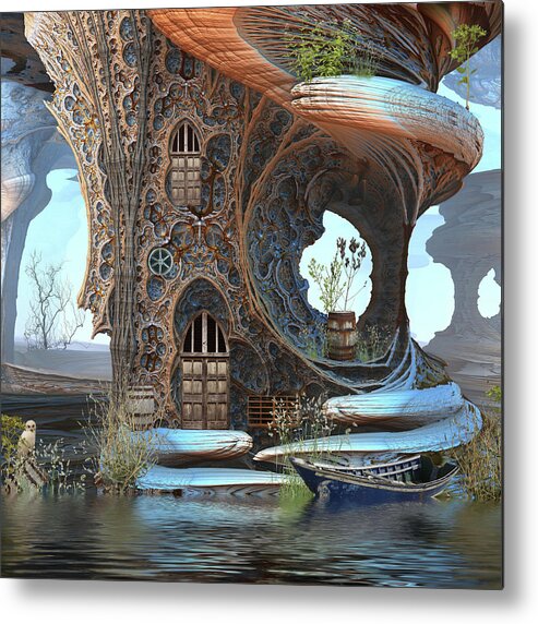 Water Metal Print featuring the digital art Fantasy Tree Cottage by Hal Tenny
