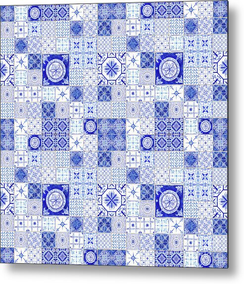 Eclectic Metal Print featuring the painting Farmhouse Blue and White Tile Pattern 1 - Patchwork Vintage Tile by Audrey Jeanne Roberts