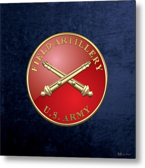 'usmc' Collection By Serge Averbukh Metal Print featuring the digital art Field Artillery - FA Branch Insignia over Blue Velvet by Serge Averbukh
